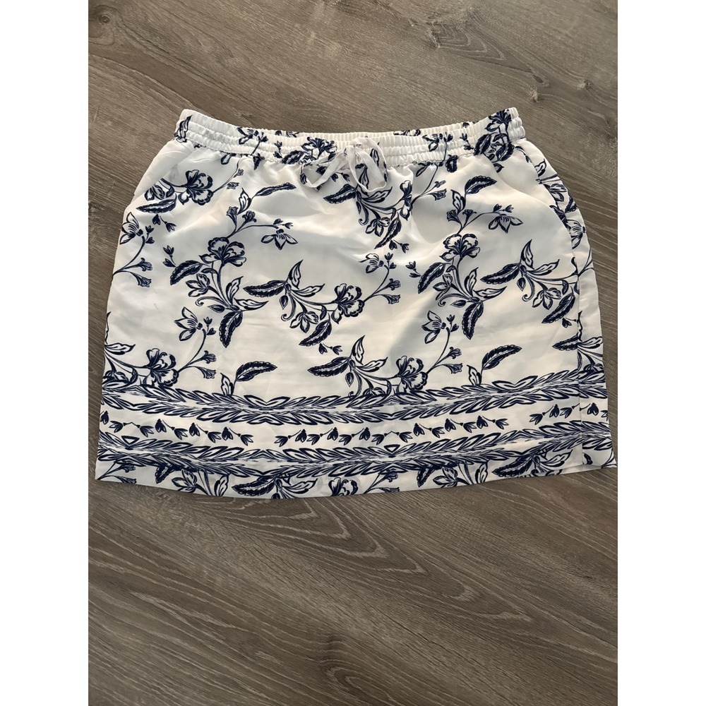 St Tropez West Womens XL Mini Skirt White Navy Blue Floral Elastic Waist Lined